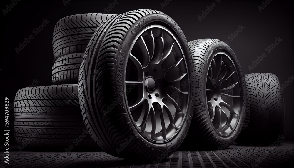 New realistic group of car tires on dark background Ai generated image