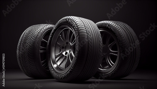 New realistic group of car tires on dark background Ai generated image © PixxStudio