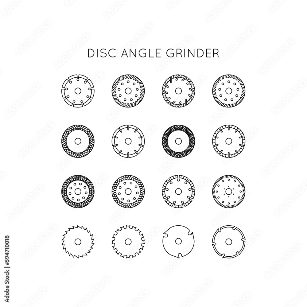 Diamond discs icons set. Discs for angle grinders. Cutting, metal, wood, concrete, granite, ceramics, asphalt, laminate. Diamond discs icons set. Discs for angle grinders. Cutting, metal, wood, concrete, granite, ceramics, asphalt, laminate.