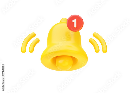 Bell icon 3d render - mail ui yellow illustration, alarm element, new attention web concept and gold online push sign