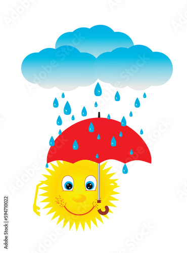 Illustration of the sun hiding under an umbrella from the rain