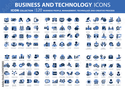 Business people, management and technology icons set. Businessman icons collection. Teamwork, human resources, meeting, partnership, work group, success, resume, creative process