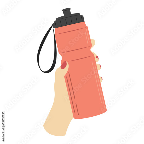 Vector illustration of red sports water bottle in a female hand on a white background. The concept of a healthy lifestyle, water balance. Image for sports design, stickers, web design elements, banner