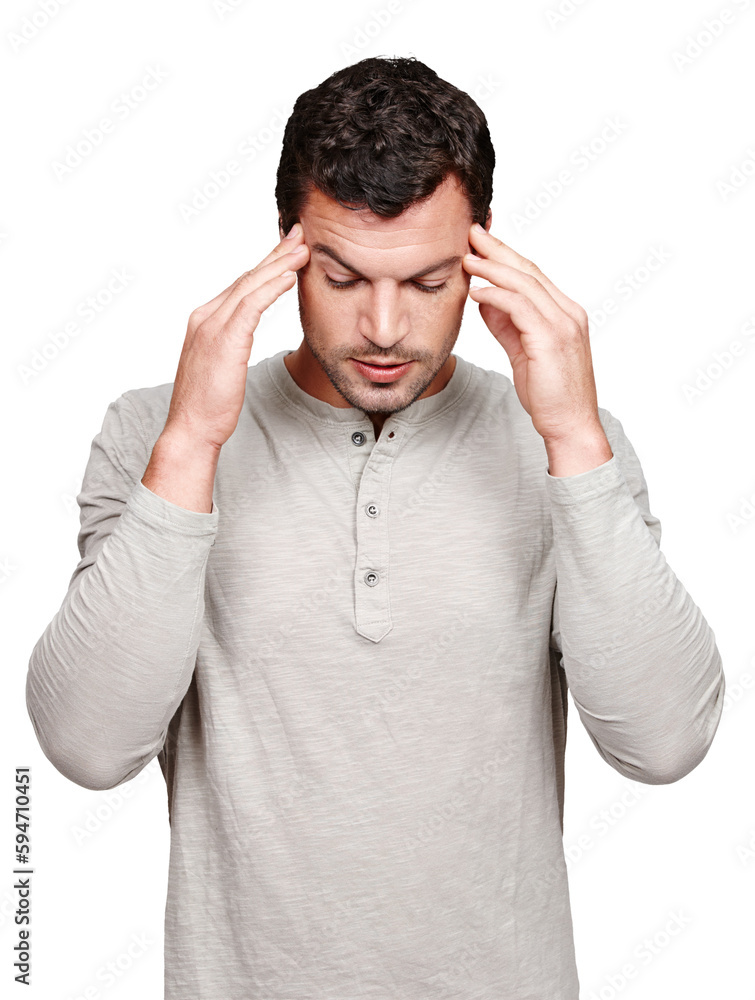 Stress, headache and man with pain isolated on transparent png background for migraine, burnout or mental health risk. Brain fog, anxiety or confused person massaging temple, mind problem and fatigue Stress, headache and man with pain isolated on transparent png background for migraine, burnout or mental health risk. Brain fog, anxiety or confused person massaging temple, mind problem and fatigue