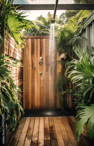 Outdoor shower with wood and natural ferns