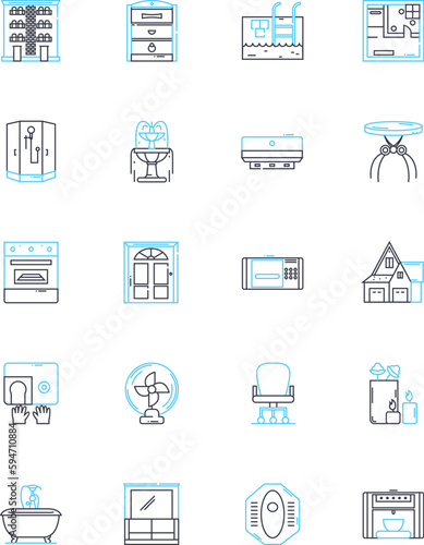 Housewares outlet linear icons set. Kitchenware, Glassware, Tableware, Bakeware, Cookware, Linens, Storage line vector and concept signs. Appliances,Gadgets,Utensils outline illustrations photo