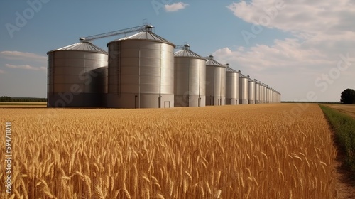 Storage of wheat and grain, outside view. AI generated