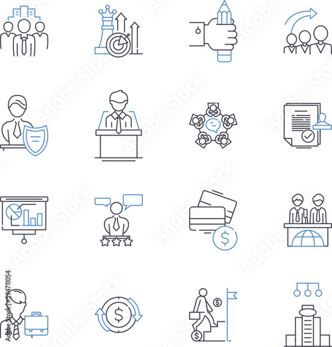 Financial management line icons collection. Budgeting, Investment, Credit, Debt, Savings, Planning, Taxation vector and linear illustration. Accounting,Analysis,Economics outline signs set
