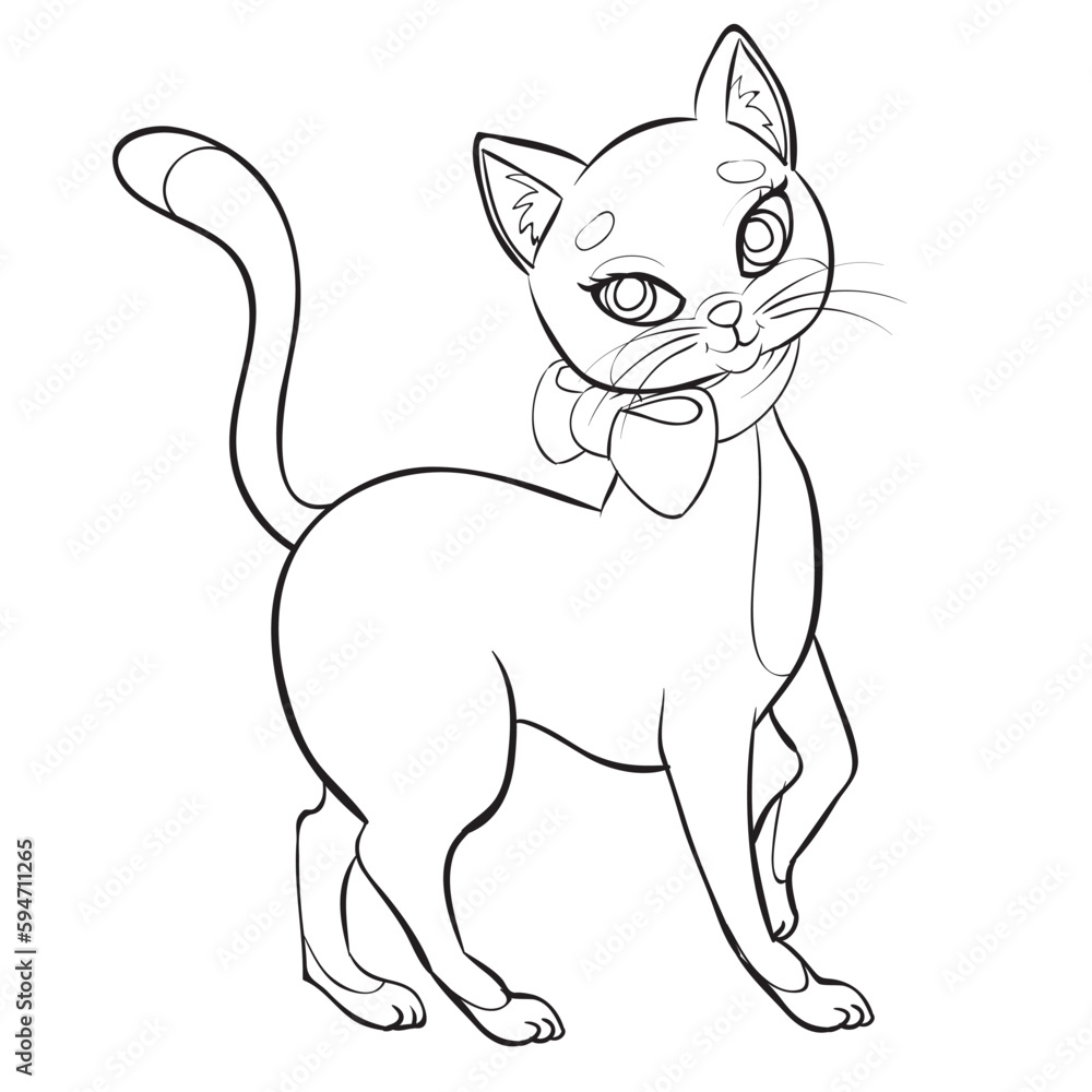 sketch, elegant cat with a bow around its neck, coloring book, cartoon illustration, isolated object on a white background, vector, sketch, elegant cat with a bow around its neck, coloring book, cartoon illustration, isolated object on a white background, vector,