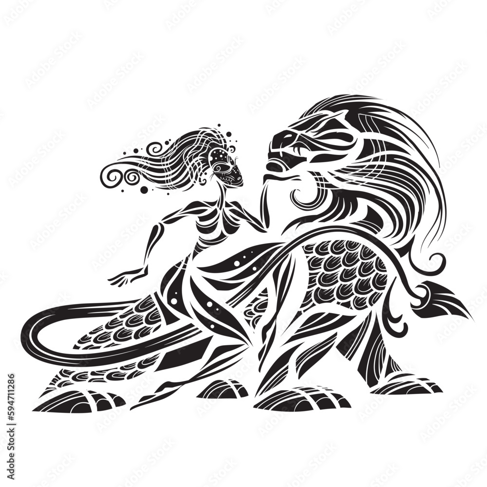 Fototapeta premium stylized picture in which a beautiful woman tamed a big scary monster, isolated object on a white background, vector illustration,