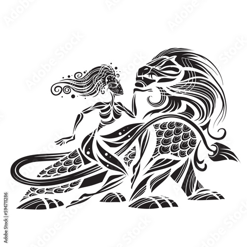 stylized picture in which a beautiful woman tamed a big scary monster, isolated object on a white background, vector illustration,