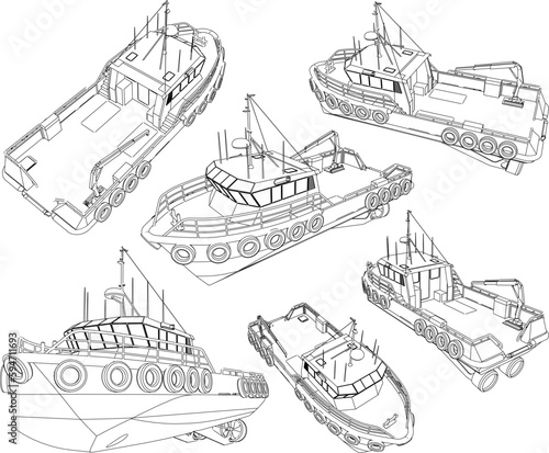 Sketch vector illustration of fish finder fishing barge