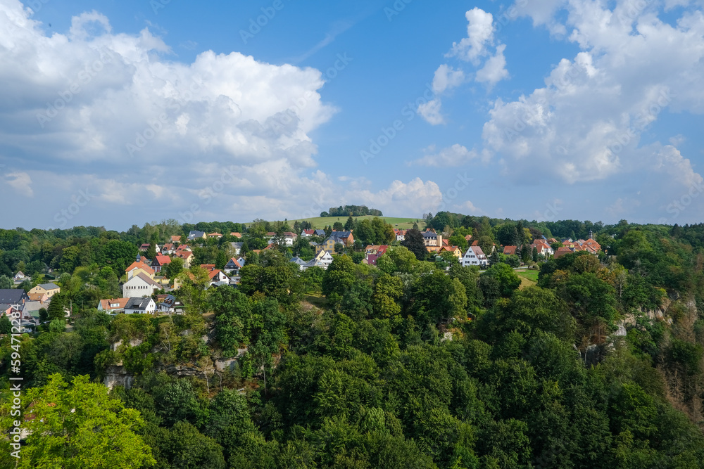 Scenic landscape of the town of Hohnstein and its surrounding countryside, Saxon Switzerland, Saxony, Germany, Europe.