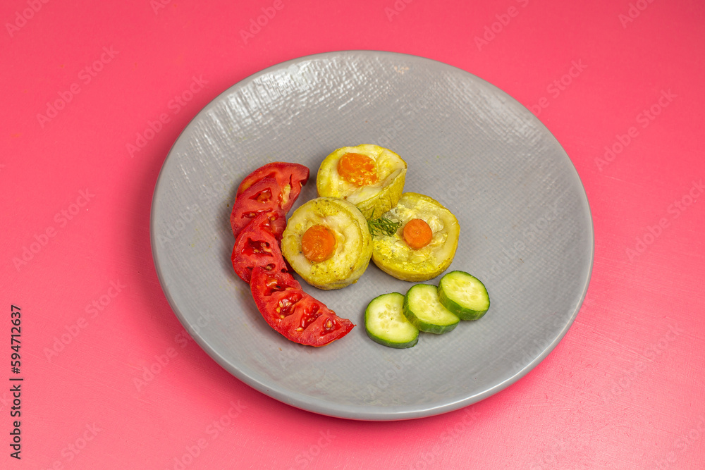 front view cooked squash slices with fresh red tomatoes and cucumber inside plate on pink background food meal vegetable dinner plant color front view cooked squash slices with fresh red tomatoes and cucumber inside plate on pink background food meal vegetable dinner plant color
