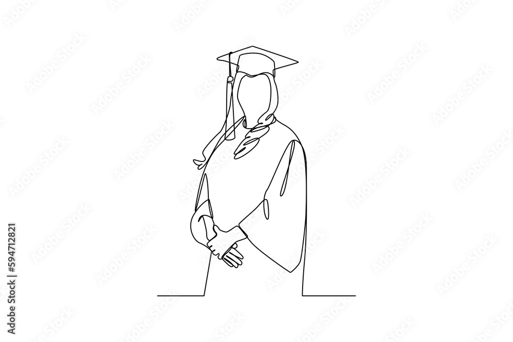 Continuous one line drawing happy male or female student using graduation gowns and caps. Graduation concept. Single line draw design vector graphic illustration. Continuous one line drawing happy male or female student using graduation gowns and caps. Graduation concept. Single line draw design vector graphic illustration.