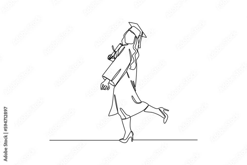 Continuous one line drawing happy male or female student using graduation gowns and caps. Graduation concept. Single line draw design vector graphic illustration.