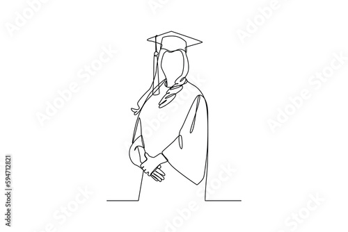 Continuous one line drawing happy male or female student using graduation gowns and caps. Graduation concept. Single line draw design vector graphic illustration.