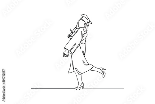 Continuous one line drawing happy male or female student using graduation gowns and caps. Graduation concept. Single line draw design vector graphic illustration.