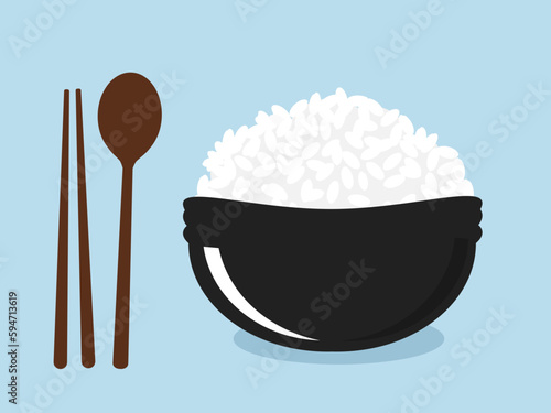 Rice bowl with chopsticks and spoon on blue background vector illustration.