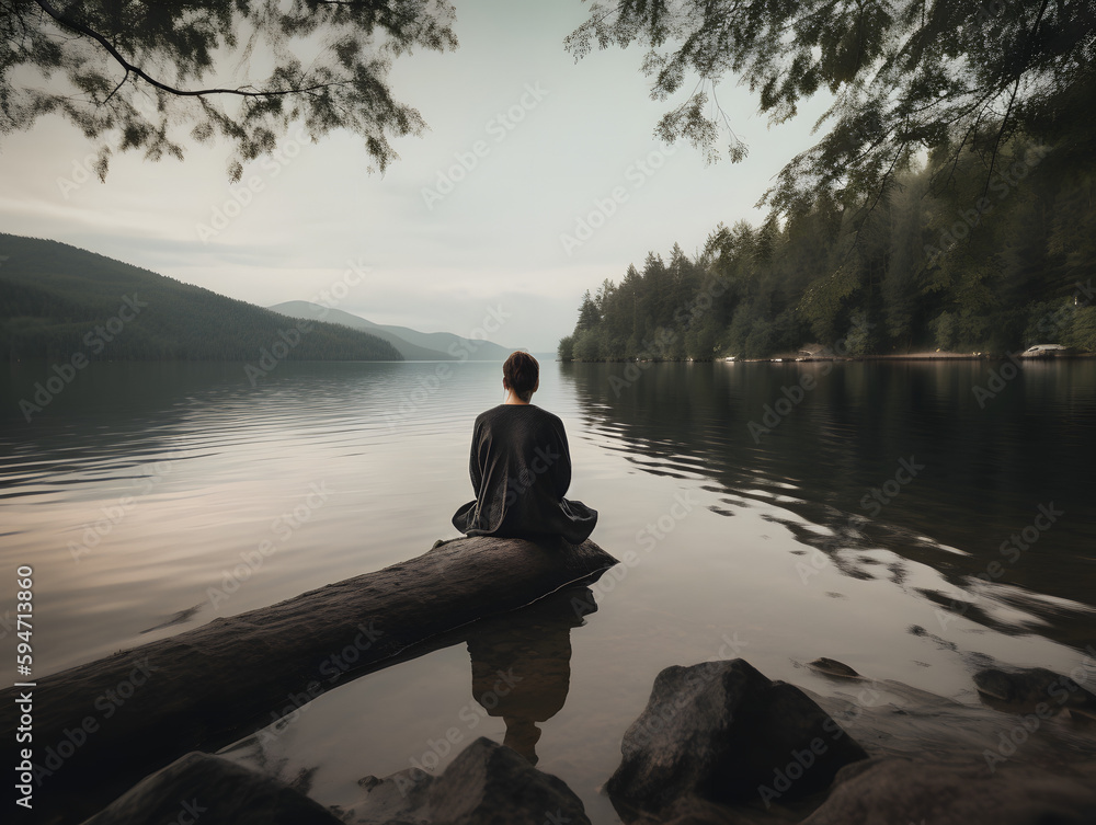 Person Meditating on Tree Stump by Lake with Forest and Mountains in Background, ai generated