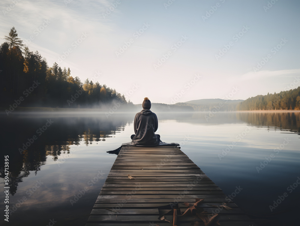 Person Meditating on Lakeside foodbridge with Forest and Mountains in Background, ai generated