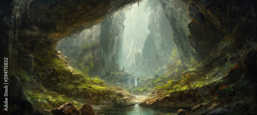 Deep down in forest canyon valley lies mysterious tunnels and caves  moss covered walls and misty river streams  adventurous exploration in a fantasy landscape - Generative AI