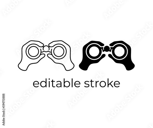 Looking through binoculars and watching, editable stroke, silhouette and linear design. Hands hold binoculars, observing, supervising and security, vector design and illustration