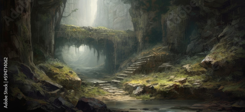 Deep down in forest canyon valley lies mysterious tunnels and caves, moss covered walls and misty river streams, adventurous exploration in a fantasy landscape - Generative AI