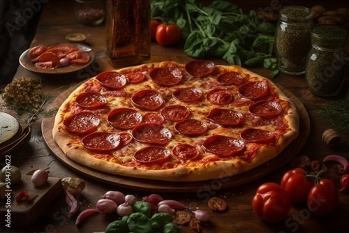 pizza with salami and tomatoes