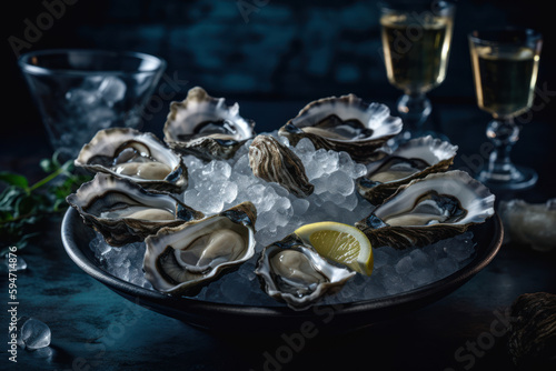 Présentation d'un plateau d'huitres fraiches avec citron accompagné d'un verre de vin blanc