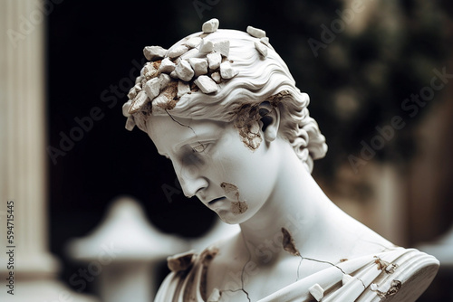 Broken ancient greek statue head falling in pieces. Broken marble sculpture, cracking bust, concept of depression, memory loss, mentality loss or illness. AI generated image.