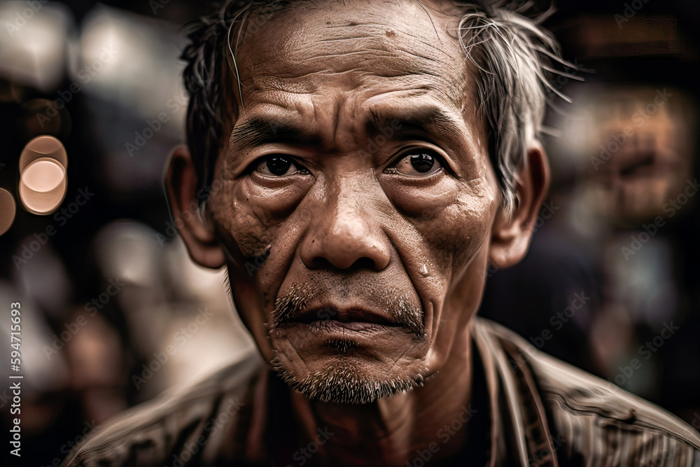 Generative AI illustration with portrait of senior native ethnic man in casual clothes with grey hair looking at camera while standing against blurred background with light Generative AI illustration with portrait of senior native ethnic man in casual clothes with grey hair looking at camera while standing against blurred background with light