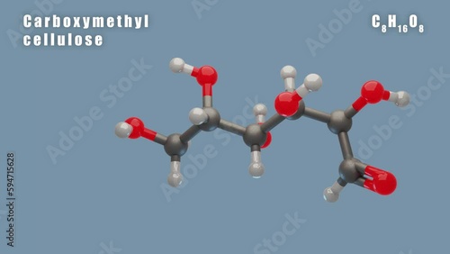 CARBOXYMETHYL CELLULOSE molecule of C8H16O8 3D Conformer animated render. Food additive E466. Isolated background and alpha layer, seamless loop. photo