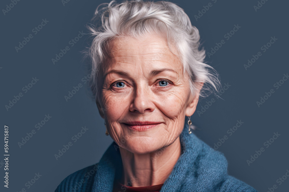 Generative AI illustration portrait of happy elderly woman with gray hair and red lips in cozy clothes looking at camera against blue background Generative AI illustration portrait of happy elderly woman with gray hair and red lips in cozy clothes looking at camera against blue background