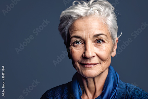 Generative AI illustration portrait of happy elderly woman with gray hair and red lips in cozy clothes looking at camera against blue background photo