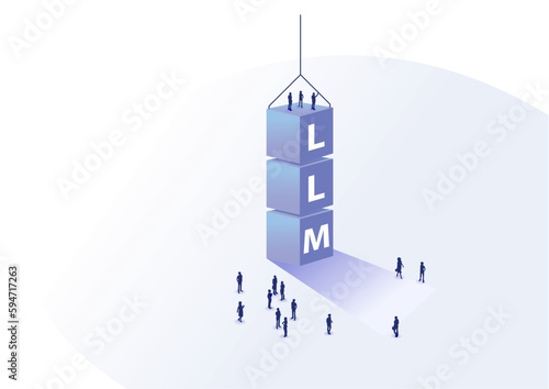 Large Language Model LLM development concept. Vector illustration of text blocks that are being constructed by AI software developers.