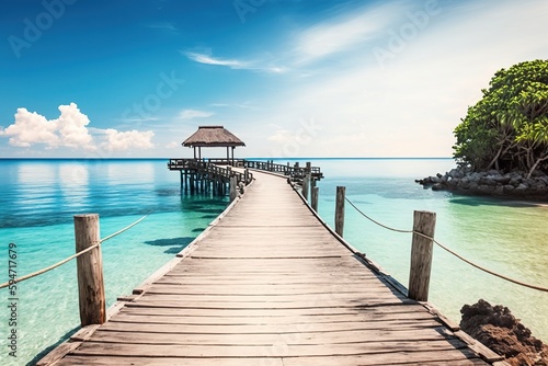 Paradisiacal view of a pier on an island in the pacific tropics. Ai generated. © Joaquin Corbalan