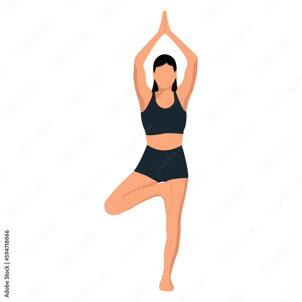 A faceless girl in a tree pose practices yoga. The concept of a healthy lifestyle. Isolated object on a white background. Vector image A faceless girl in a tree pose practices yoga. The concept of a healthy lifestyle. Isolated object on a white background. Vector image