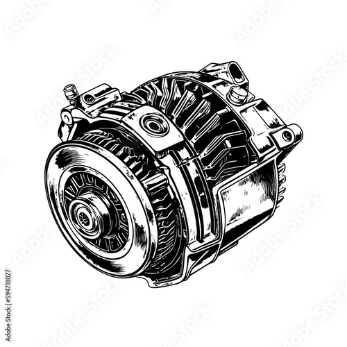 Hand drawn illustration of alternator in engraved style isolated on white background