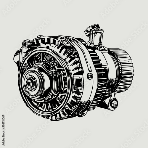 Hand drawn illustration of alternator in engraved style isolated on white background