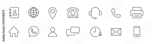 Contact icon set. Communication sign. Phone, address, location, web, chat, mail, headphone