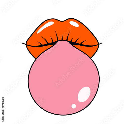Female lips blowing pink bubble gum. Woman mouth with red lipstick chews chewing gum. Retro style. Flat vector illustration isolated on white background.