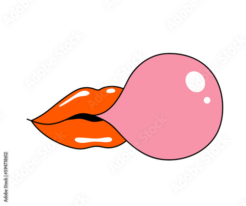 Female mouth blowing a bubble of pink chewing gum. Woman red lips chews bubble gum. Retro style. 70s, 80s, 90s vibe. Flat vector illustration isolated on white background.