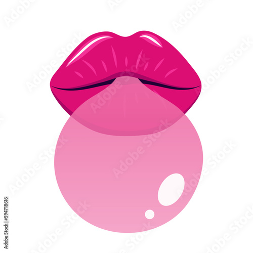 Woman red lips with chewing gum bubble. Female mouth chews bubble gum. Flat vector illustration isolated on white background.