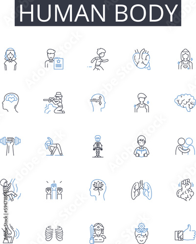 Human body line icons collection. Mental health  Fashion style  Economic growth  Environmental sustainability  Political power  Global economy  Social media vector and linear illustration. Family