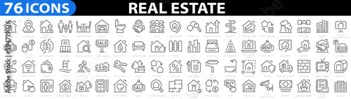 Real estate 76 line icon set. House or Real estate. Included the icons as realty, property, mortgage, home loan, mortgage, address, renovation, bedroom and more. Vector illustration