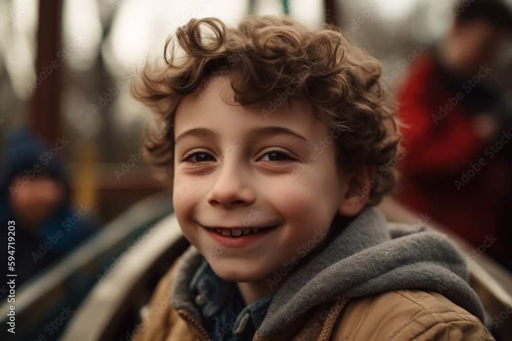 Happy child with curly hair laughing and enjoying in amusement park. Vacation.. generate by ai Happy child with curly hair laughing and enjoying in amusement park. Vacation.. generate by ai