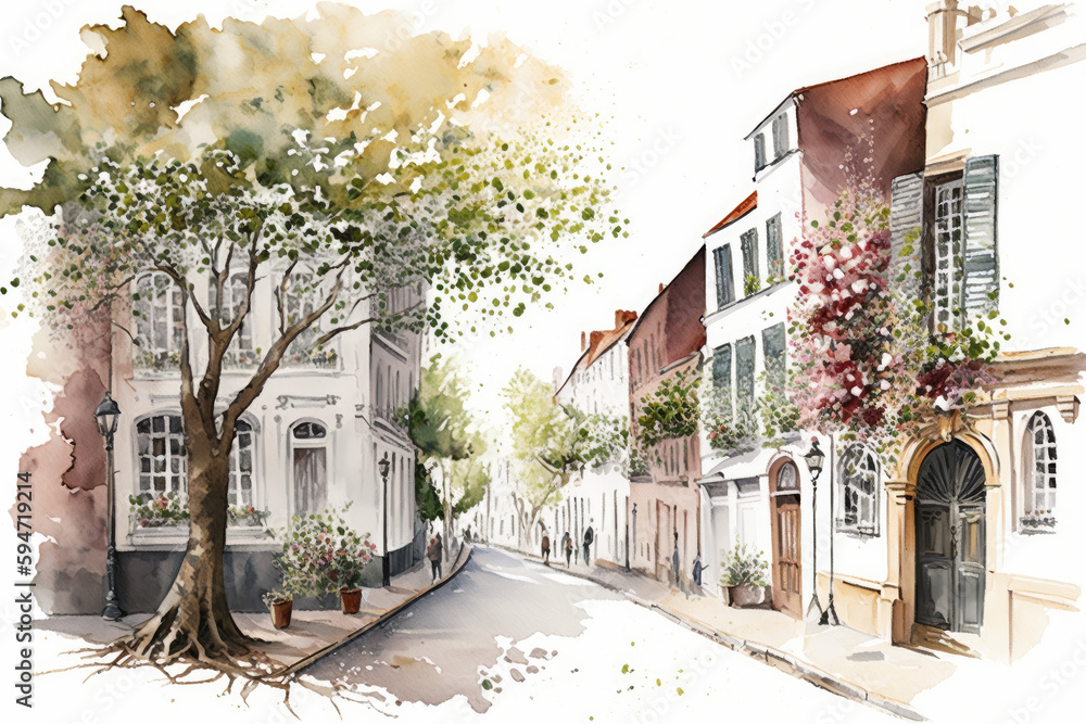 Watercolor New York streets in spring. White background , ai generative - obrazy, fototapety, plakaty 