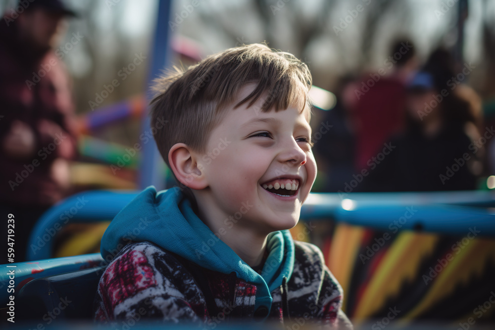 Happy child laughing and enjoying in the amusement park. Vacation. generate by ai Happy child laughing and enjoying in the amusement park. Vacation. generate by ai