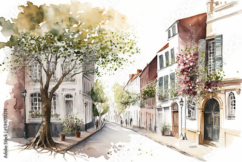 Watercolor New York streets in spring. White background , ai generative